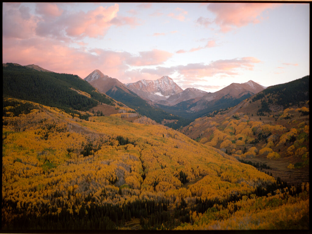 A fall sunset and alpenglow over Capitol Peak, the valley below bright yellow with the changing color of the aspens